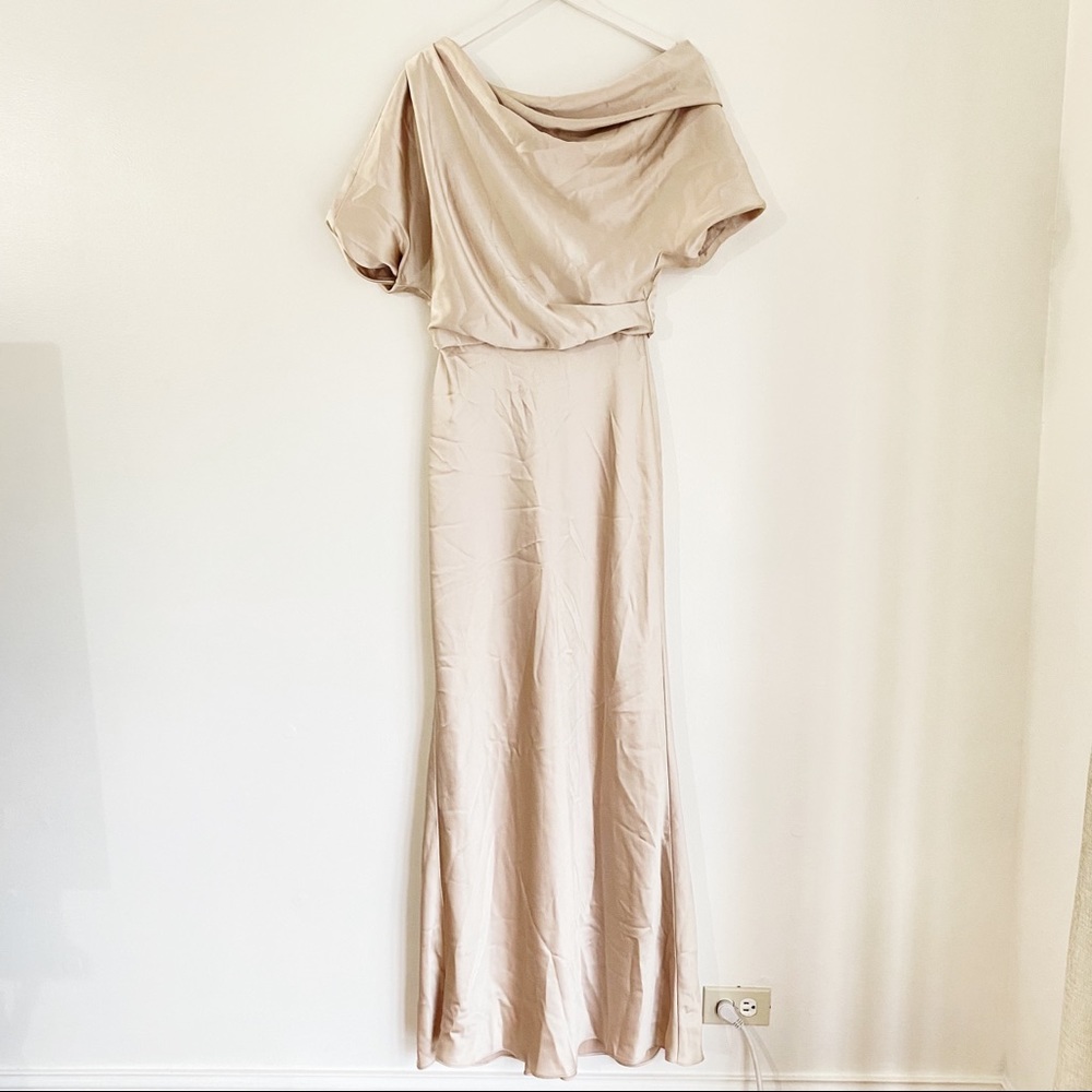 Amsale One Shoulder Satin Dress in champagne - Picture 7 of 13